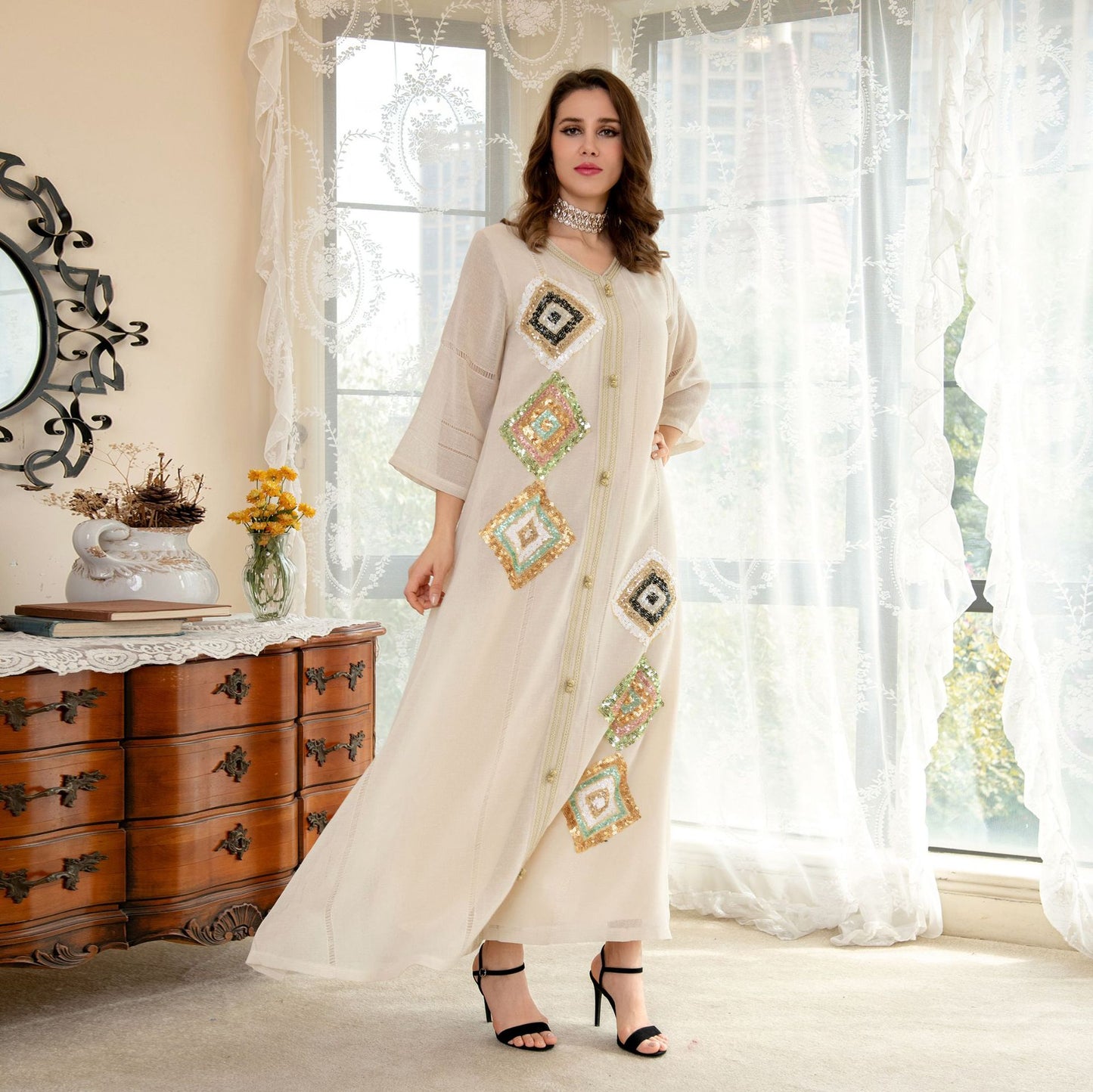 Arabian Sequin Embroidered Loose Long Sleeve Robe