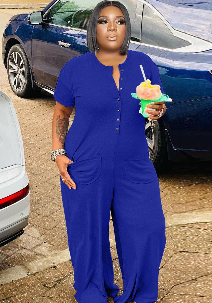 Women Summer Blue Casual O-Neck Short Sleeves Solid Pockets Full Length Loose Plus Size Jumpsuit