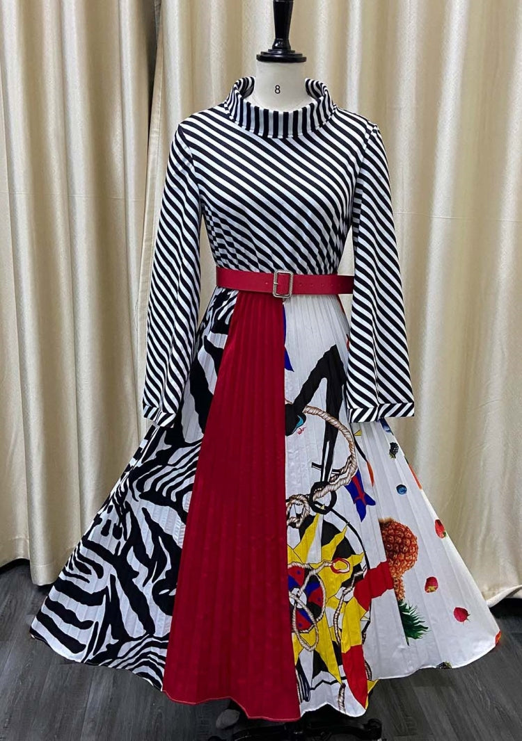 BamBam Fall Plus Size Elegant Stripes Flare Sleeve Pleated Dress with Belt - BamBam