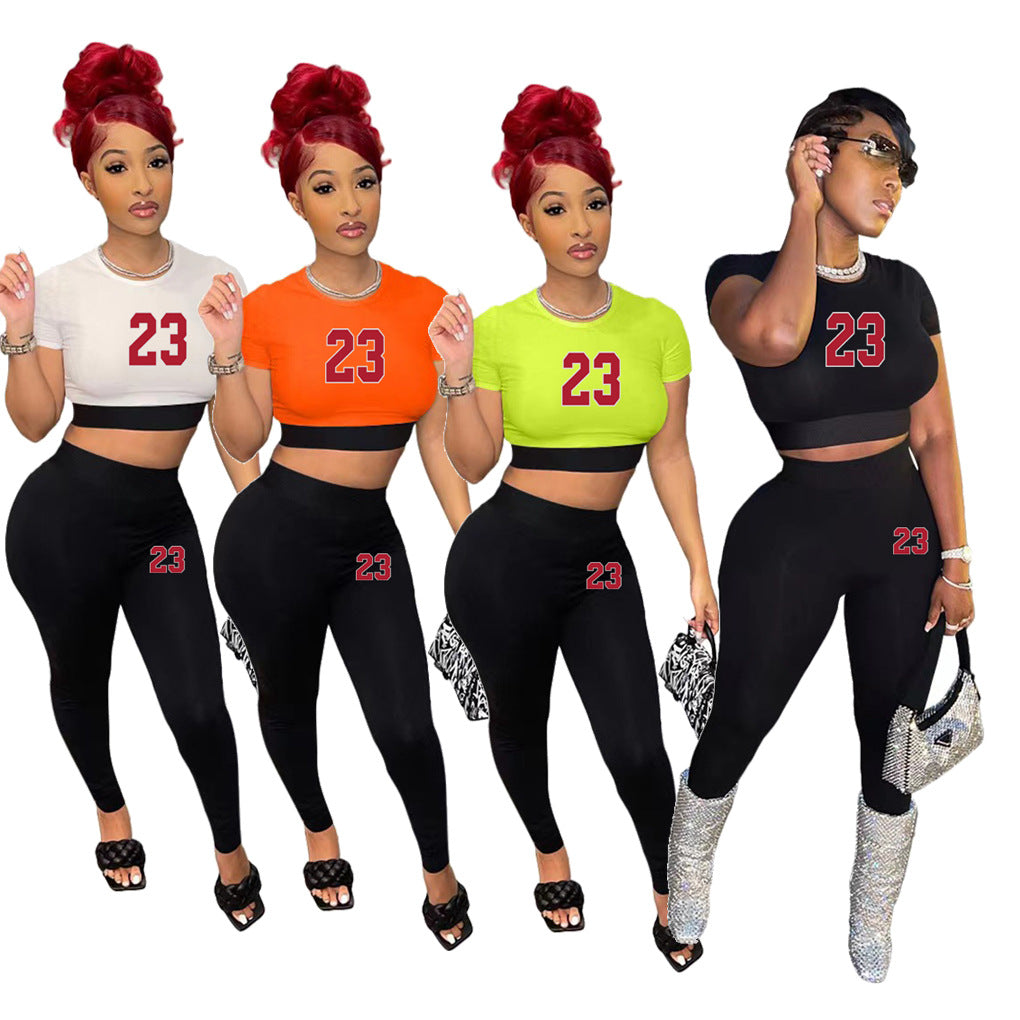 BamBam Ladies Fashion Print Short Sleeve Crop Top pants Two-Piece Set - BamBam