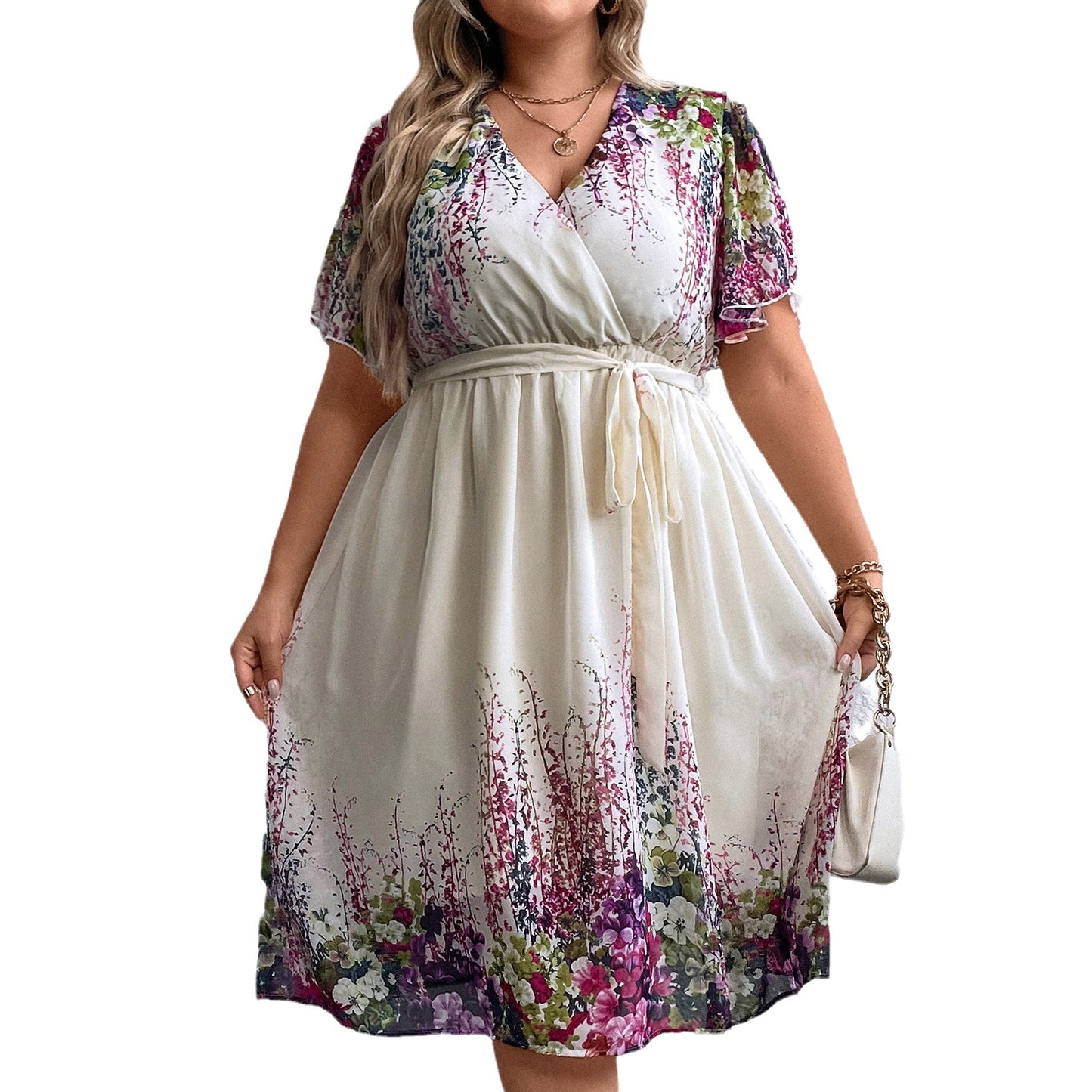 BamBam Plus Size Printed V-Neck Belted Women's Dress - BamBam