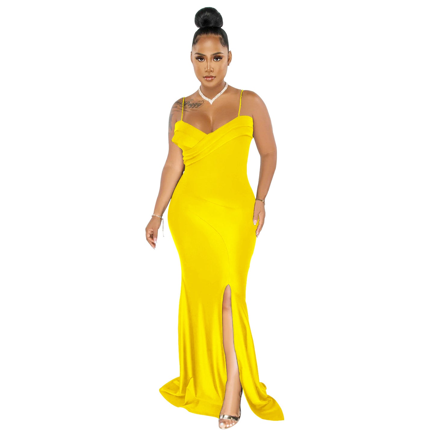 BamBam Fashion Women'S Solid Color Strap Pleated Wrap Chest Slit Evening Dress - BamBam Clothing