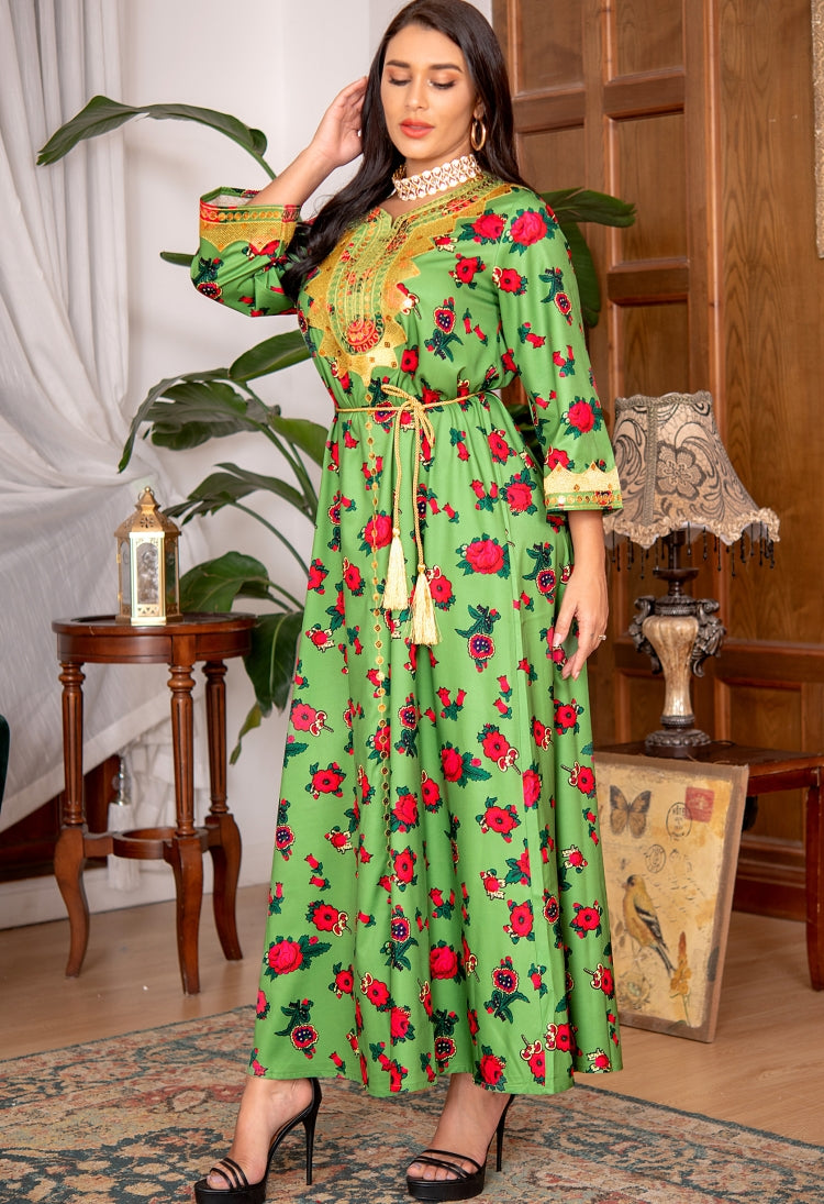 BamBam Women Spring Green Arab Dubai Middle East Turkey Morocco Floral Print Islamic Clothing Kaftan Abaya Muslim Dress - BamBam
