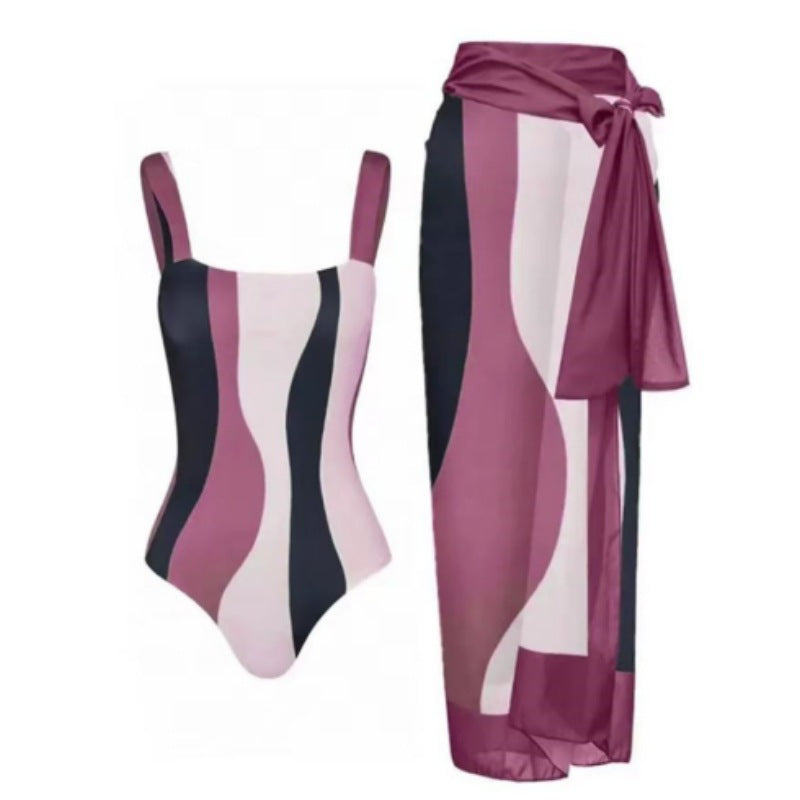 BamBam One-Piece Bikini Swimsuit With Sun Protection Mesh Skirt Beach Holidays Two Piece Swimwear Set For Women - BamBam