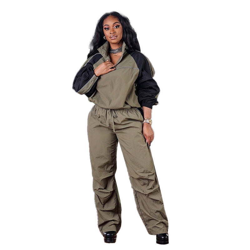 BamBam Autumn And Winter Women's Stand Collar Color Block Long Sleeve Top Cargo Trousers Windbreaker Sports Casual Two-Piece Set - BamBam