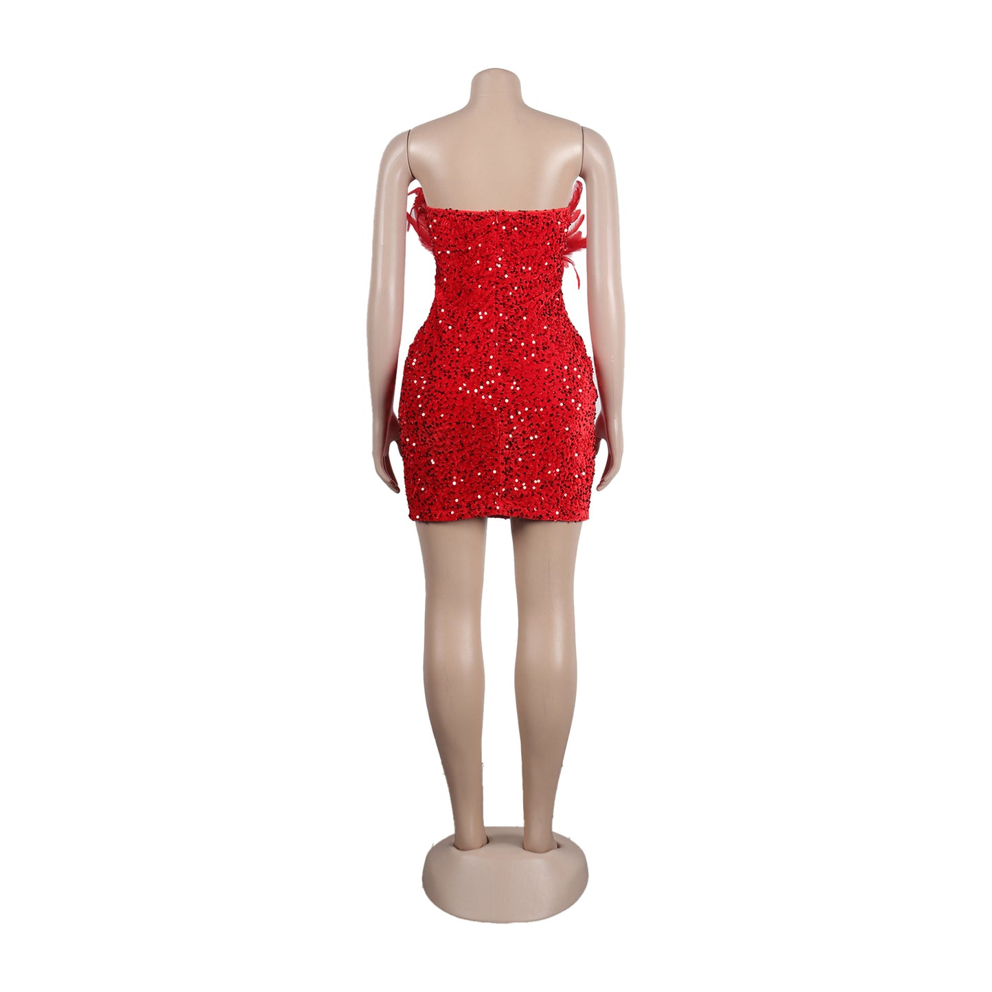 BamBam Sexy Feather Sequin Strapless Tight Fitting Slim Bodycon Dress - BamBam Clothing Clothing