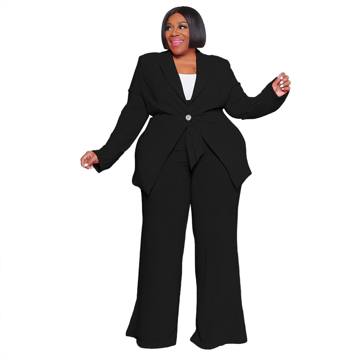 BamBam Plus Size Women's Fashion Chic Professional Casual Long Sleeve Coat Belted Trousers Two-Piece Set - BamBam
