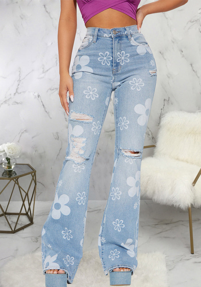 Women Trend Print Stretch Bell Bottom Denim Pants