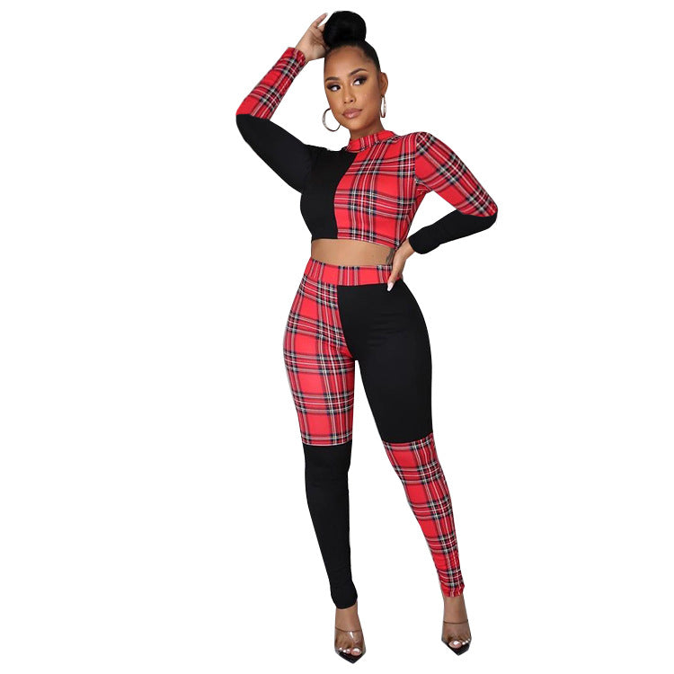 BamBam Women Sexy Plaid Color Block Top and Pant Two-piece Set - BamBam