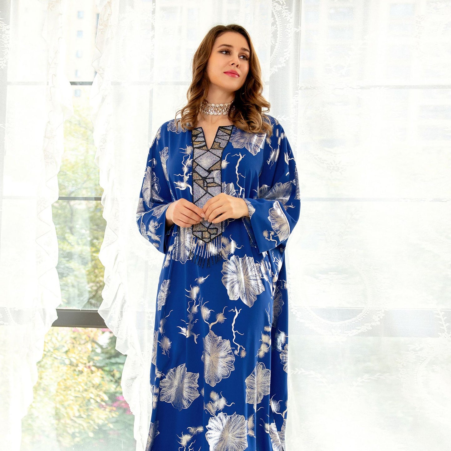 BamBam Summer Blue Bronzing Flower Beaded Logn Sleeve Ethnic Robe - BamBam