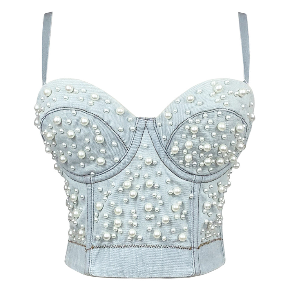 BamBam Women Camisole Pearl Fitted Sexy Denim Bra Vest Shaping Corset Top - BamBam