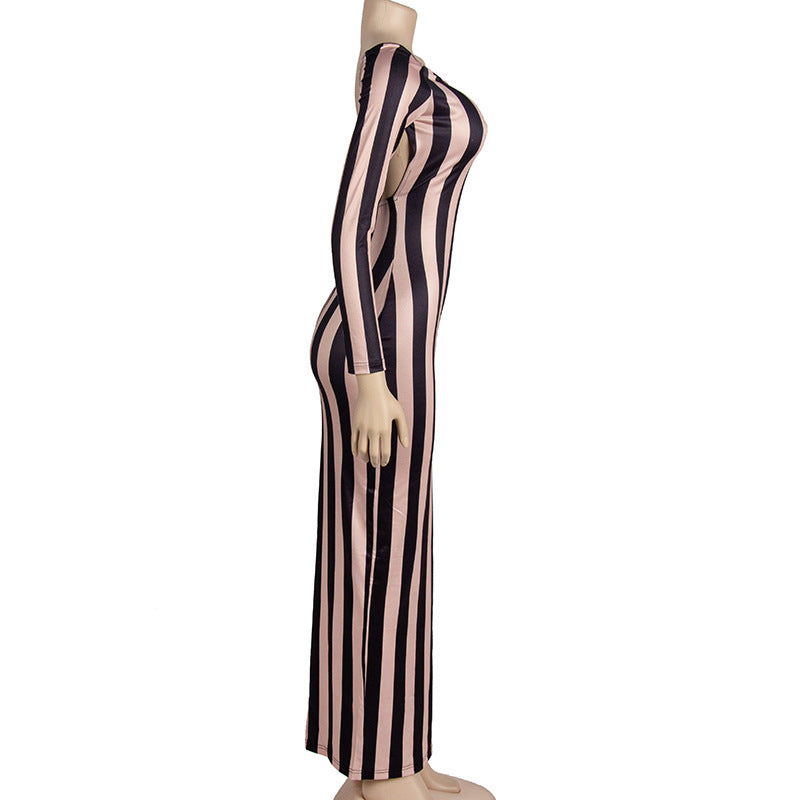 BamBam Women Autumn Long Sleeve Striped Print Backless Bodycon Dress - BamBam