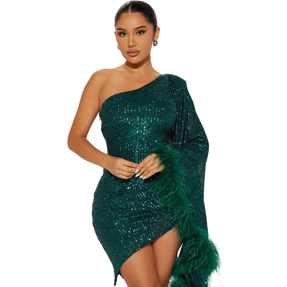 BamBam Slash Shoulder Irregular Sequin Women Bodycon Dress - BamBam Clothing Clothing