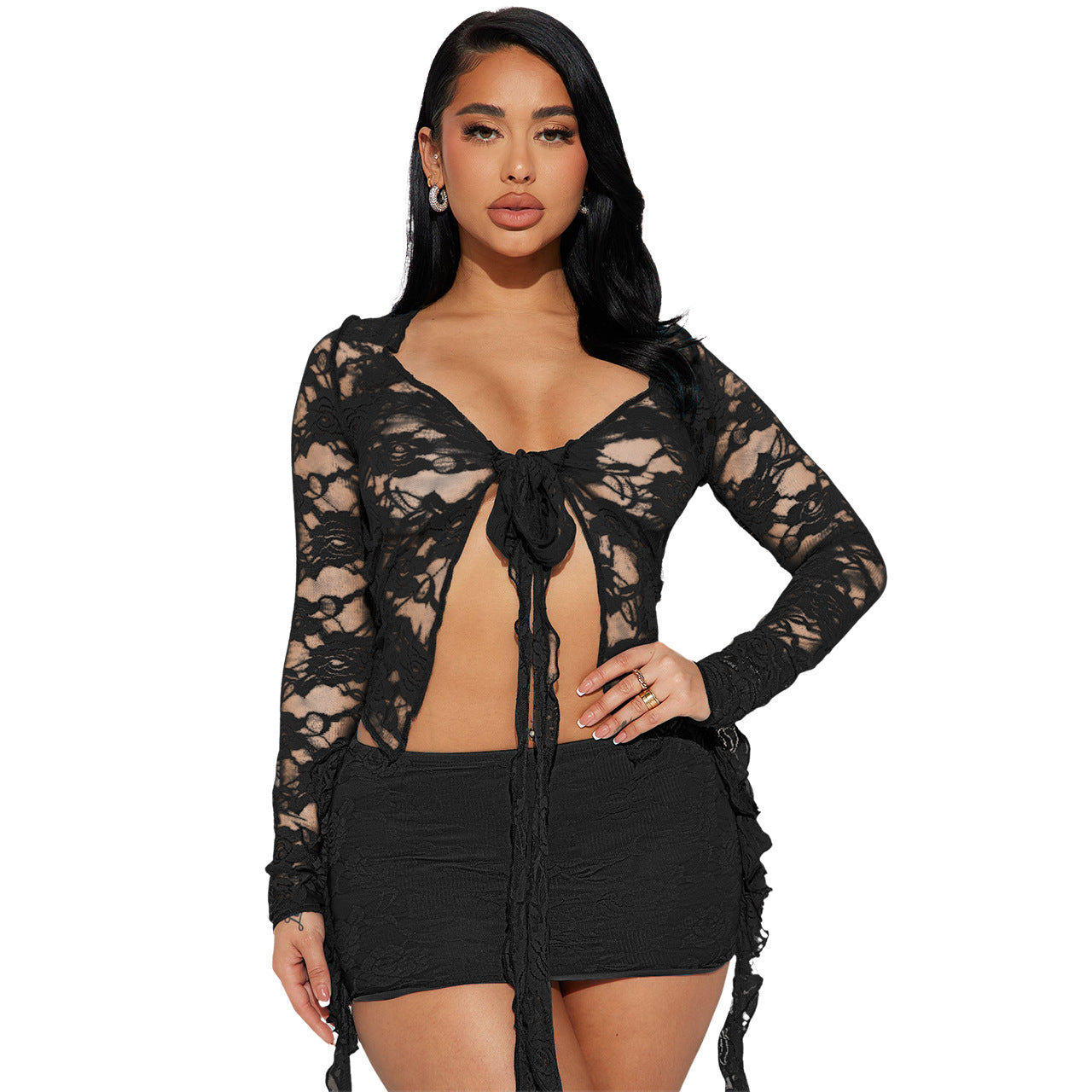 BamBam Women's Elastic Lacev Neck Tie See-Through Sexy Skirt Two-Piece Set - BamBam