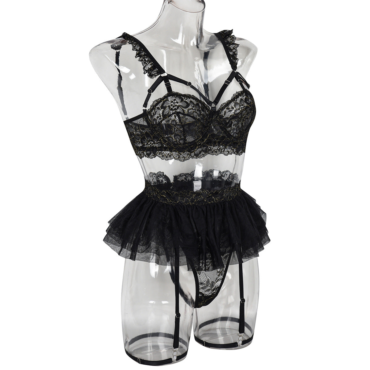 BamBam Sexy Solid Lace Bra Puff Mesh Skirt Patchwork Lingerie Set - BamBam