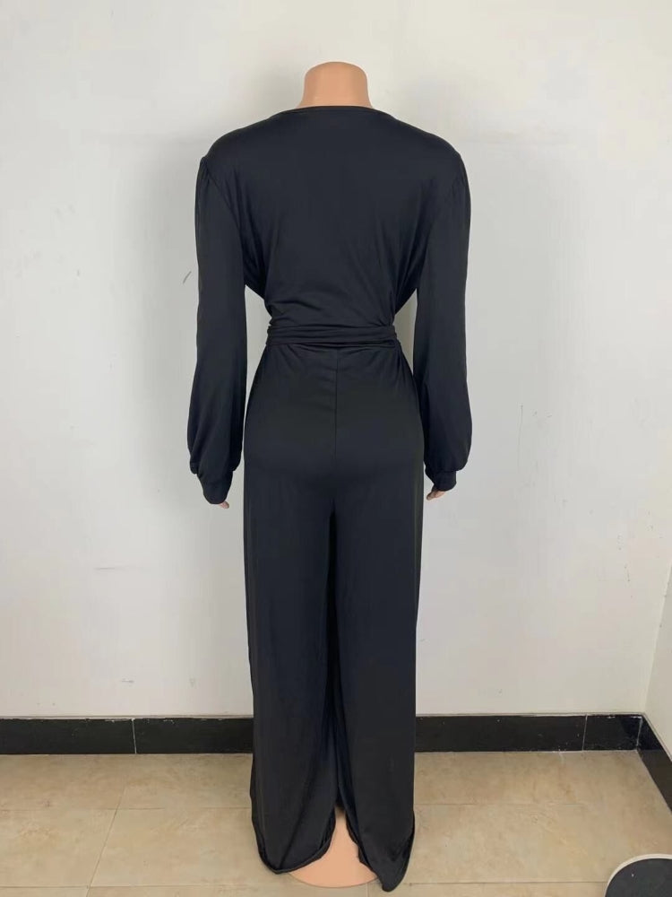 BamBam Winter Black V-Neck Wrap Long Sleeve Wide Legges Plus Size Jumpsuit - BamBam Clothing