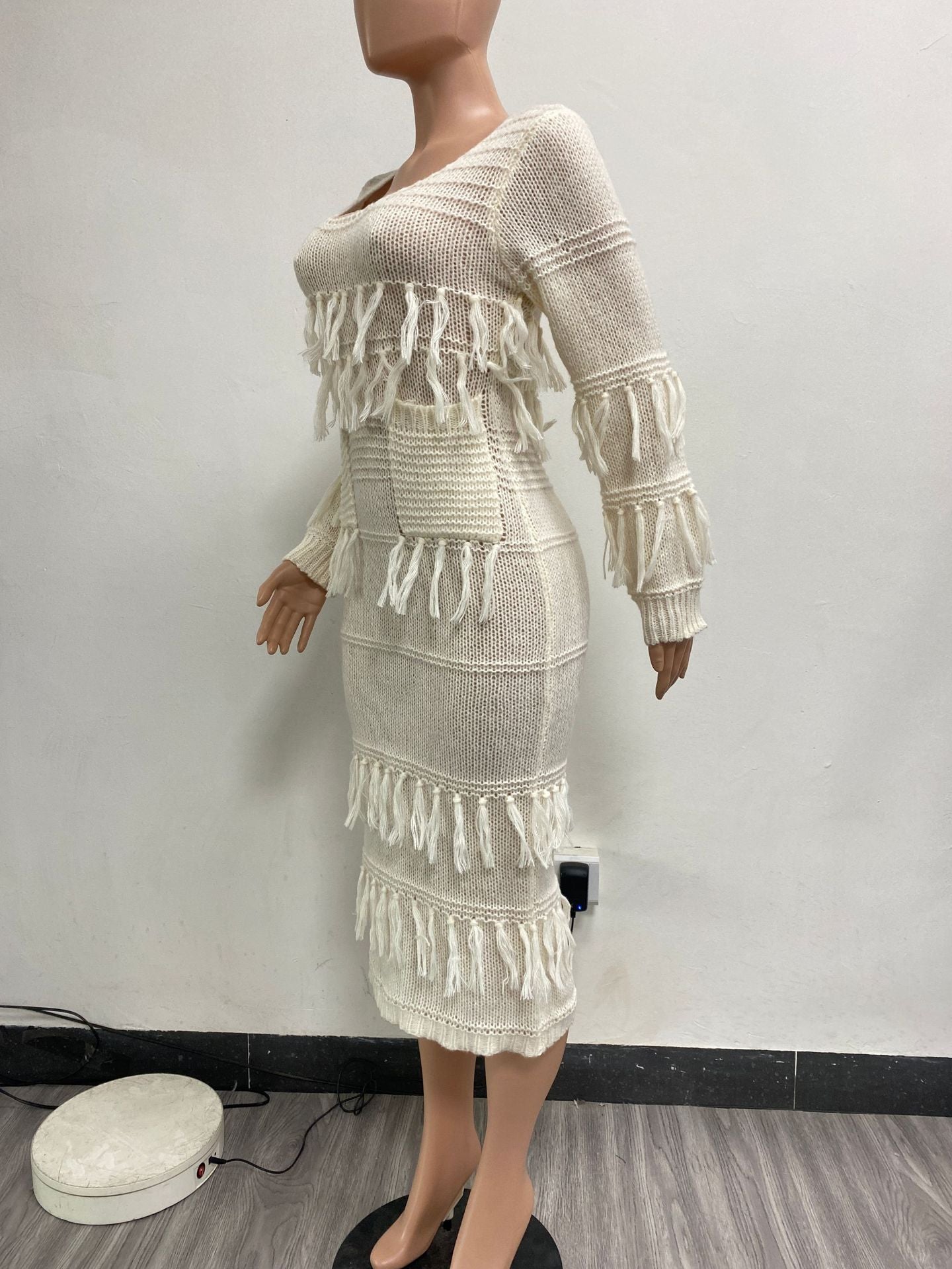 BamBam Women sexy knitting Crochet fringed dress (with pockets) - BamBam