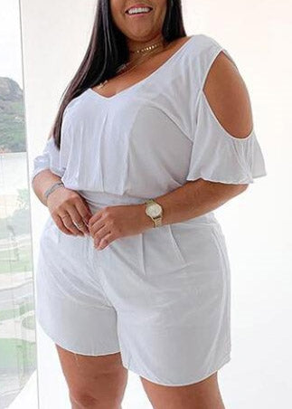 Plus Size Summer White Casual Rompers with Cut Out Shoulders