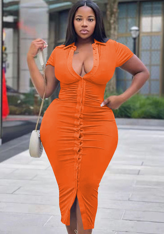 Women Summer Orange Casual Turn-down Collar Short Sleeves Solid Button Midi Sheath Plus Size Long Dress