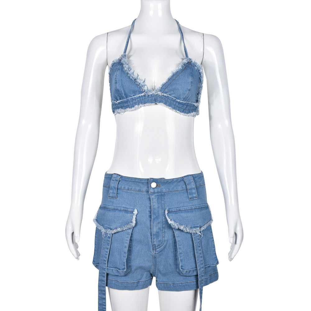 BamBam Women's Summer Sexy Fashion Cargo Pocket Shorts Wrapped Denim Bra Top Two Piece Set - BamBam