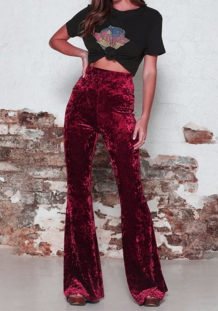 Women High Waist Gold Velvet Casual Wide Leg Bell-Bottom Pants