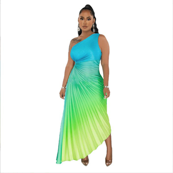 BamBam Women's Fashion Gradient Printed One Shoulder Pleated Maxi Dress - BamBam