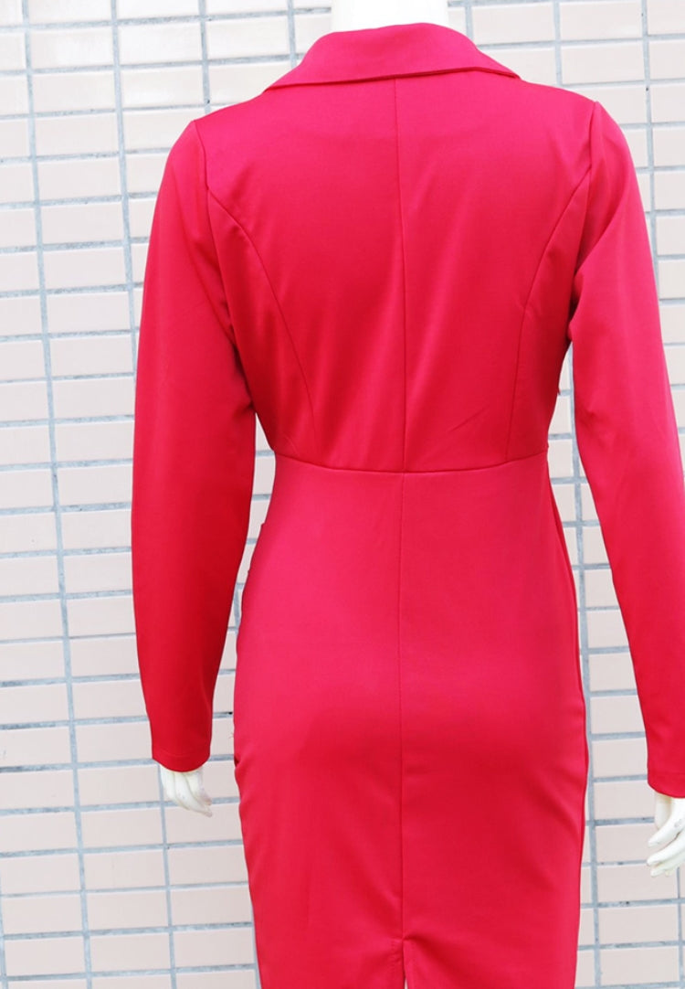 BamBam Spring Red V-Neck Long Sleeve Wrap Office Dress - BamBam