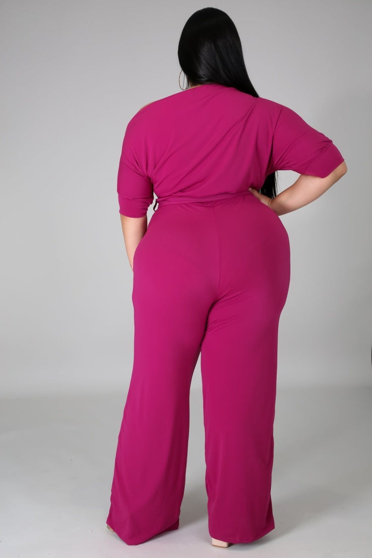 BamBam Summer Plus Size Pink Slash Shoulder Formal Jumpsuit - BamBam Clothing