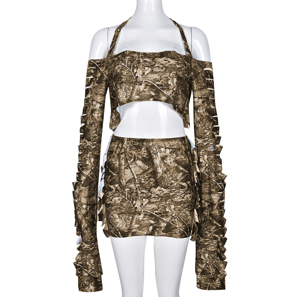 BamBam Women Summer Style Crop Top and Camouflage Skirt Two-piece Set - BamBam