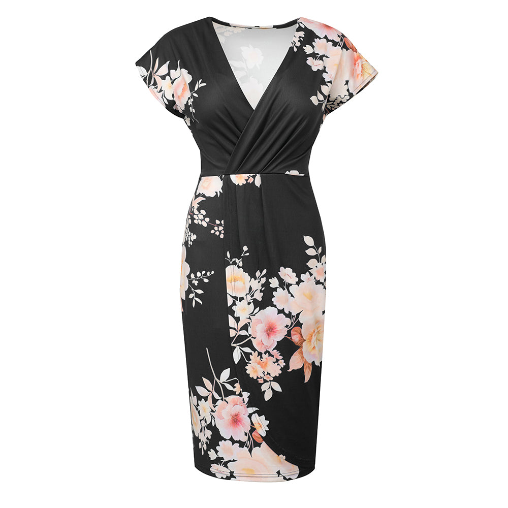 BamBam Women V-Neck Short Sleeve Pleated Floral Bodycon Dress - BamBam