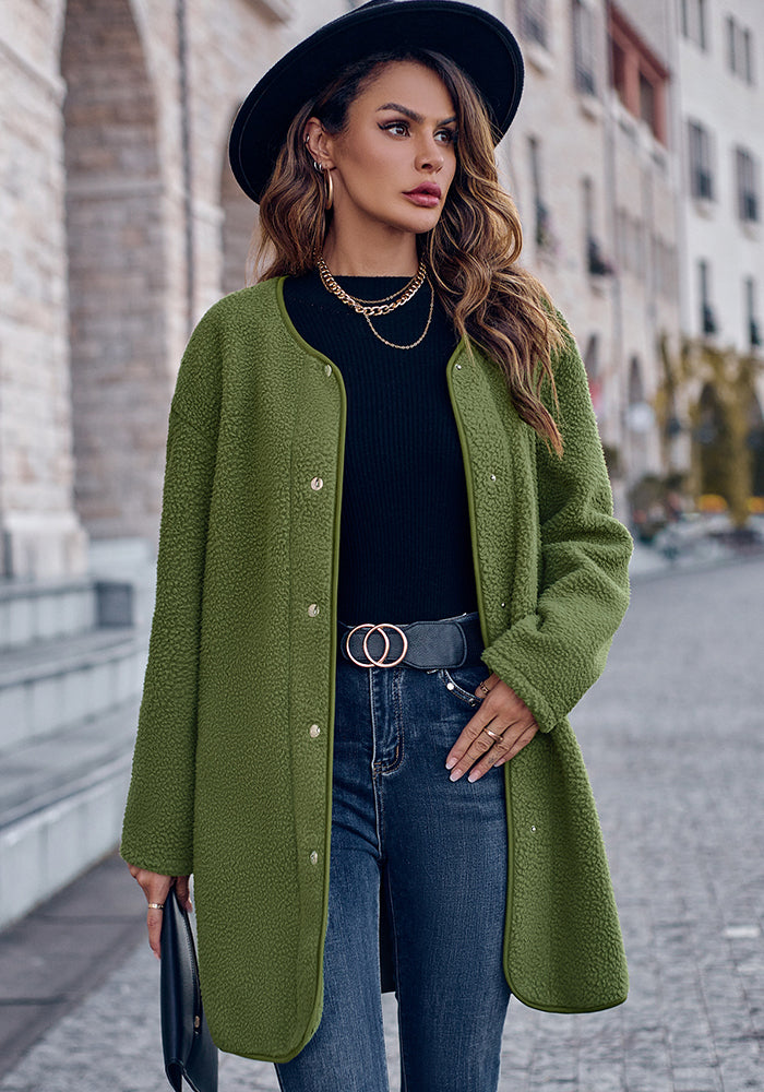 Fashionable Women's Autumn And Winter Casual Solid Color Round Neck Single Breasted Long Sleeve Jacket