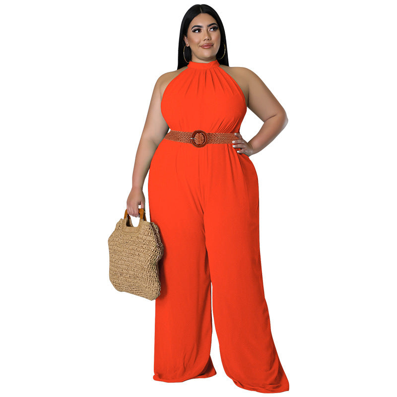 BamBam Plus Size Women's Casual Solid Color Belted Jumpsuit - BamBam Clothing