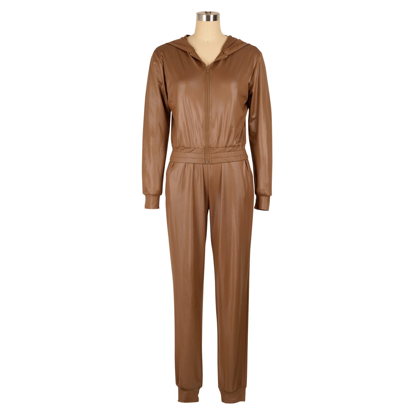 BamBam Women Casual PU-Leather Hooded and Pant Two-piece Set - BamBam