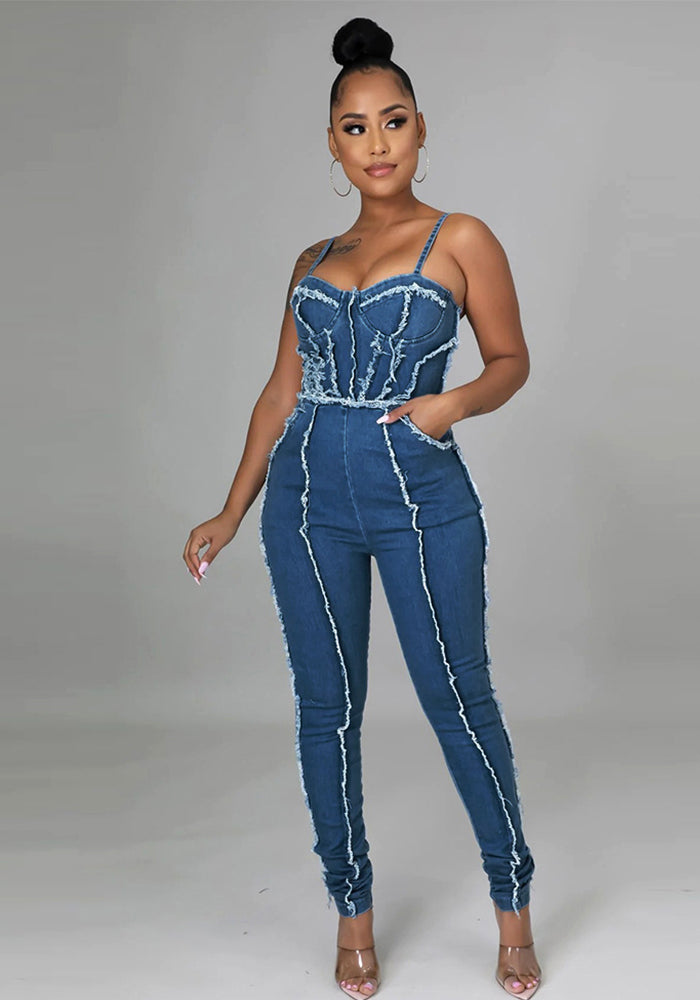 Women Sexy Cutout Tassel Zipper Suspenders Denim Jumpsuit