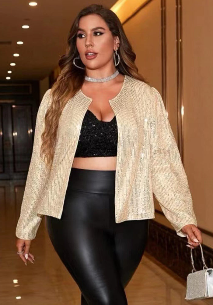 Plus Size Women Solid Sequin Round Neck Long Sleeve Jacket