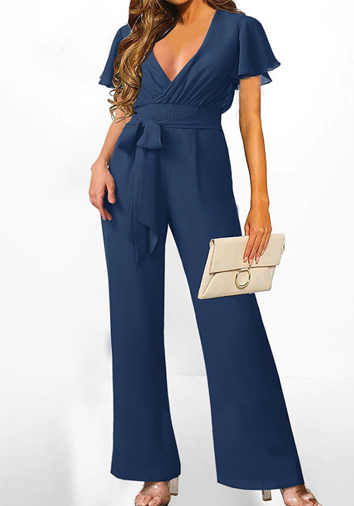 Summer Women V-neck tie short-sleeved Jumpsuit