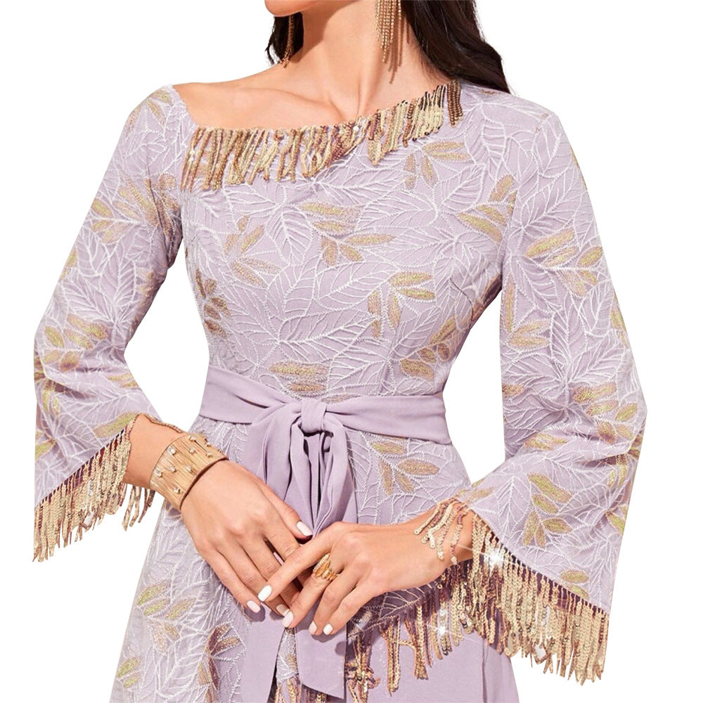 BamBam Kaftan Dress Sequined Tassel Zippered Embroidered Robe Dress - BamBam