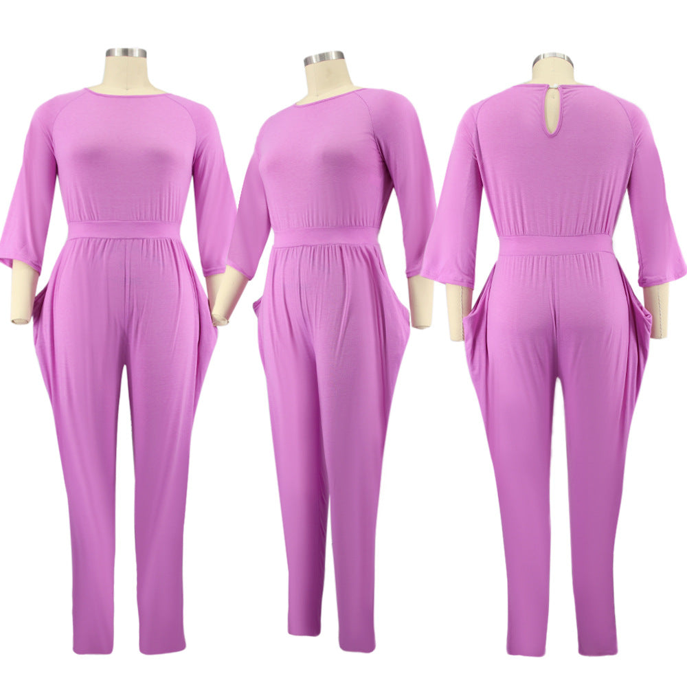 BamBam Autumn/Winter Solid Color Half Sleeve Round Neck Casual Home Ladies Jumpsuit - BamBam Clothing
