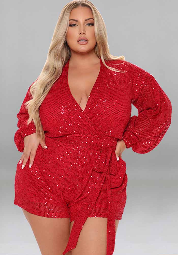 Plus Size Women's Sequins Long Sleeve V Neck Rompers