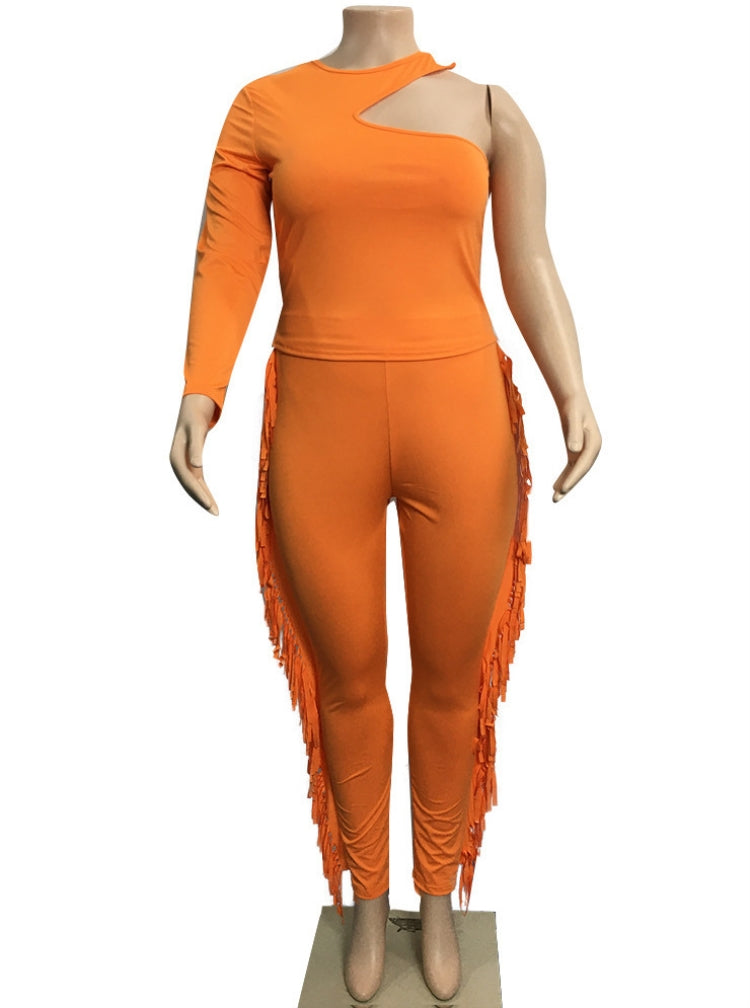 BamBam Spring Orange Party Sexy One Shoulder Fringe Plus Size Jumpsuit - BamBam Clothing