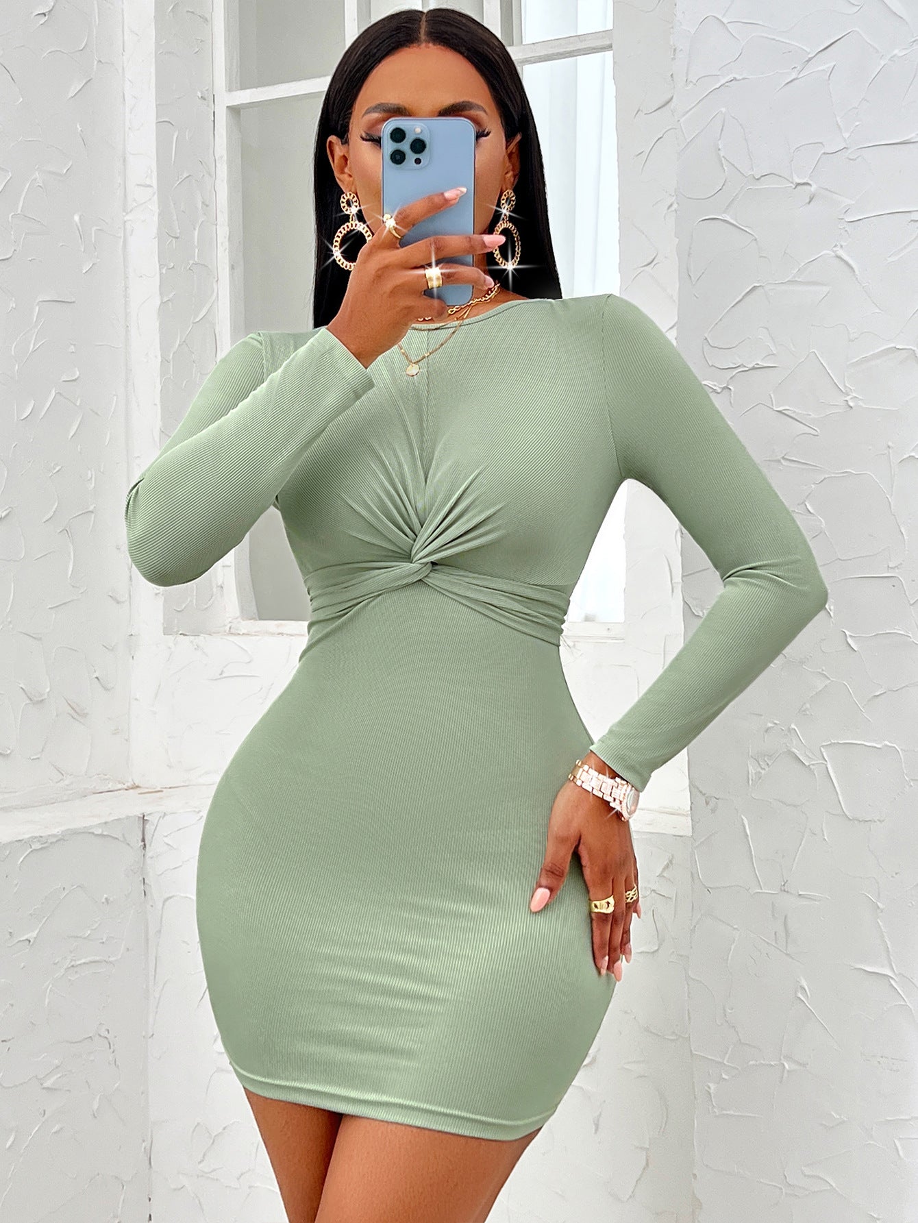 BamBam Women Sexy Casual Solid Round Neck Knot Long Sleeve Dress - BamBam Clothing