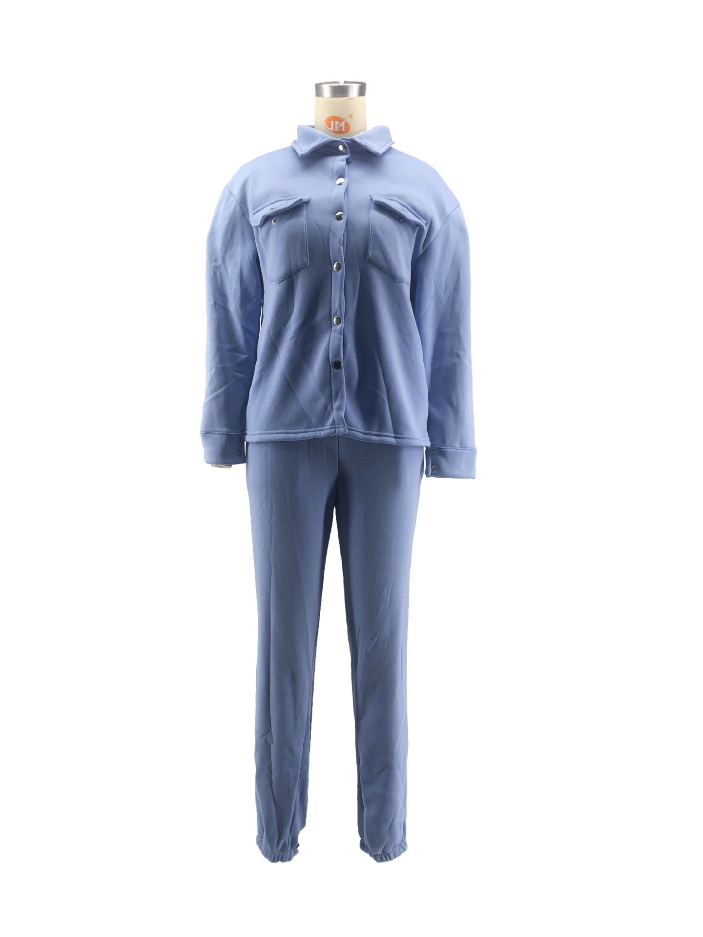 BamBam Women Autumn and Winter Solid Stretch Button-Down Shirt and Pants Two-piece Set - BamBam