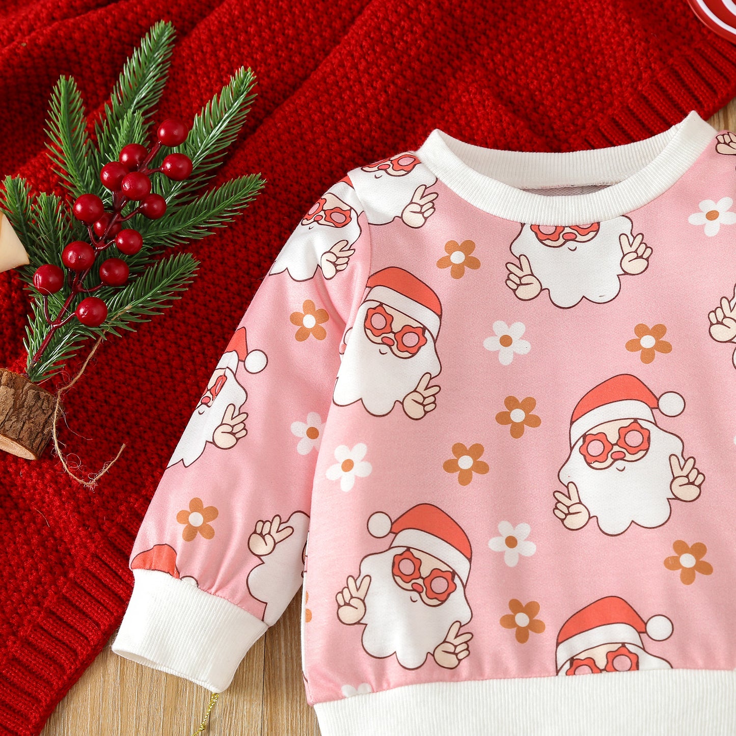 BamBam Christmas Girl cartoon Santa Claus printed long-sleeved Top and Pant two-piece set - BamBam