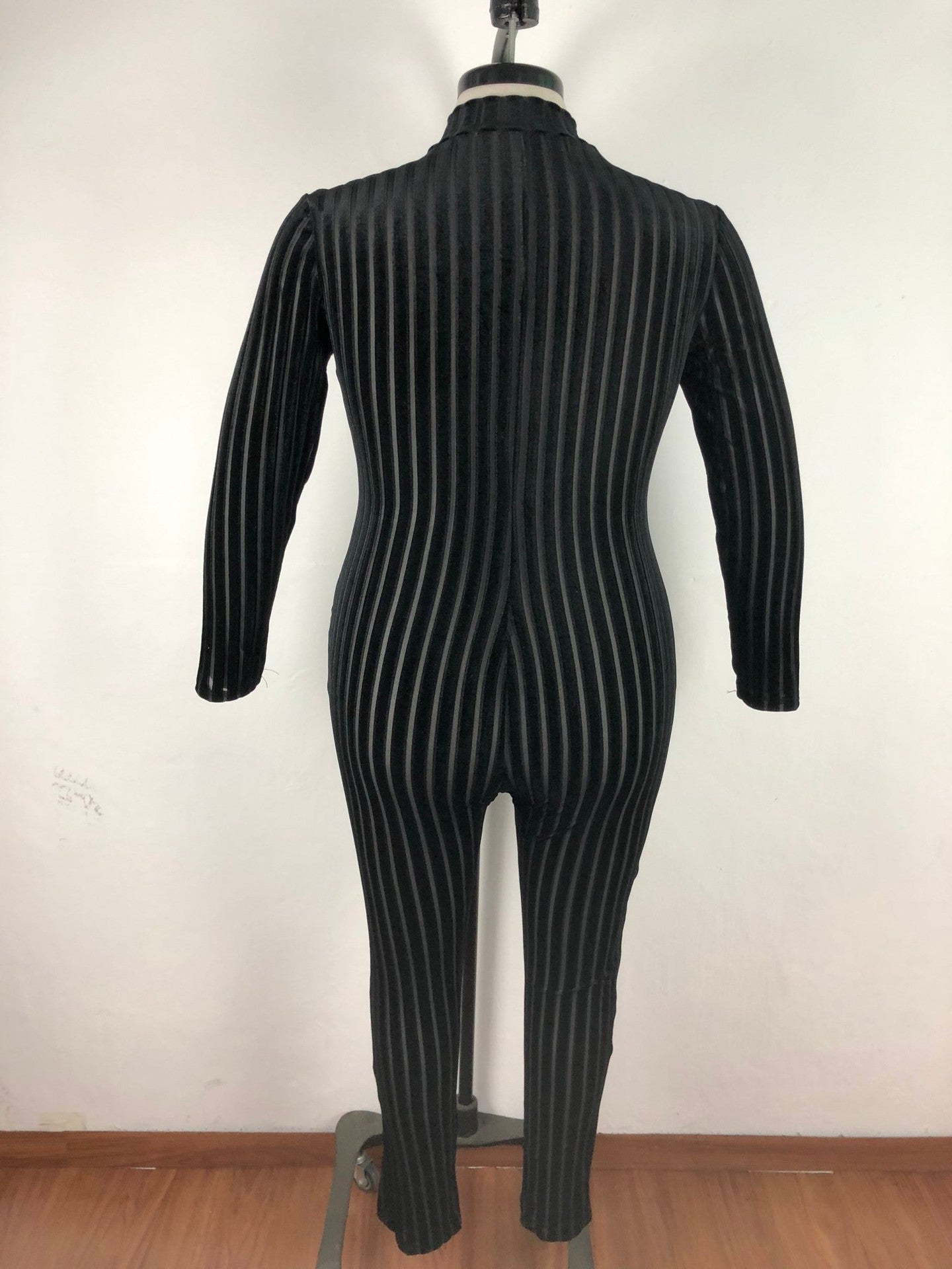 BamBam Plus Size Women'S Mesh Flocked Stripe Tight Fitting Zip Long Sleeve Jumpsuit - BamBam Clothing