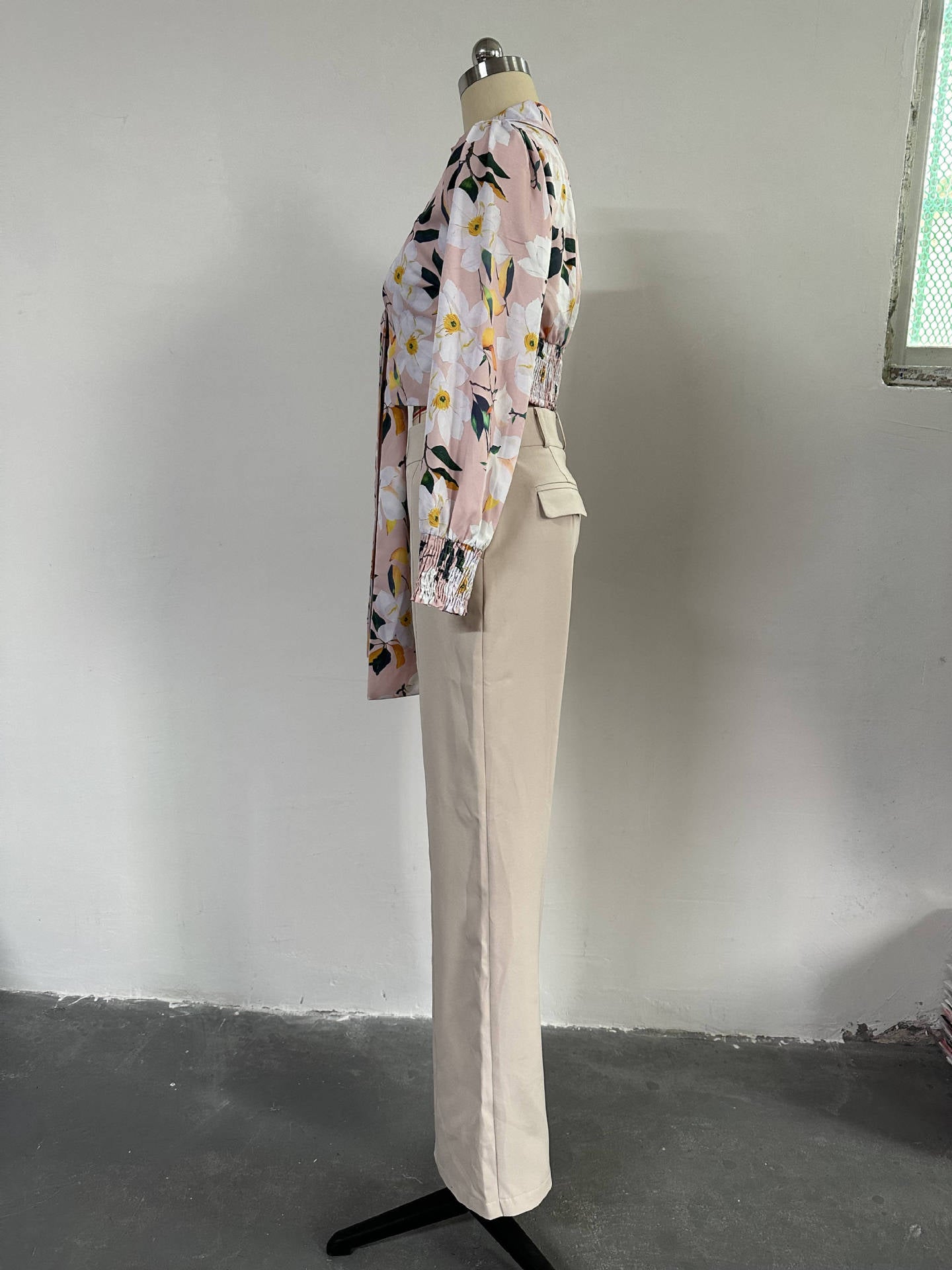BamBam Women's Chic Career Printed Bow Long Sleeve Shirt Wide Leg Pants Casual Suit - BamBam