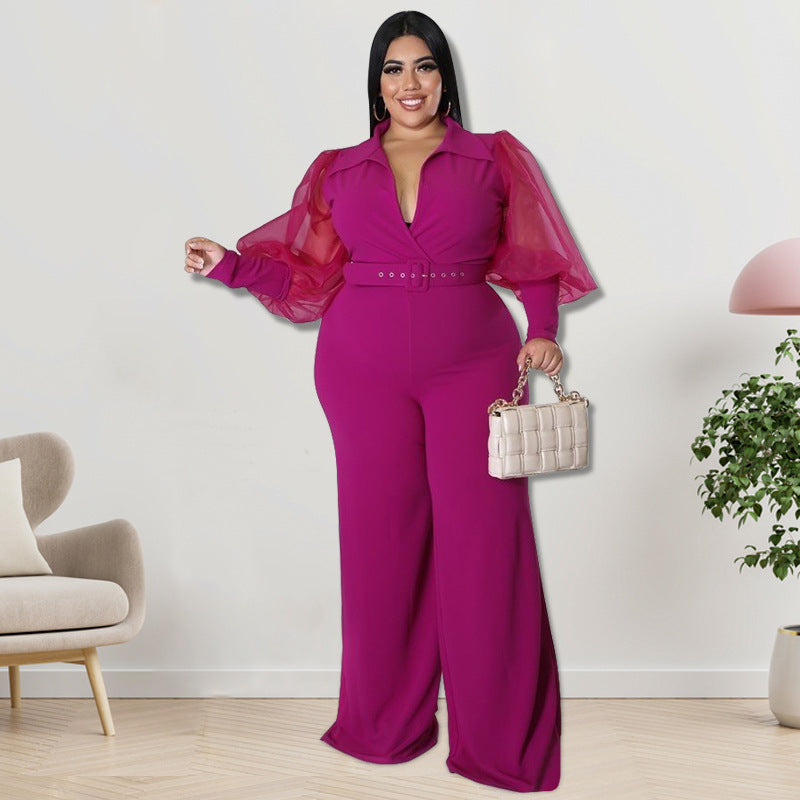 BamBam Plus Size Women Lapel Mesh Long Sleeve Jumpsuit with Belt - BamBam Clothing