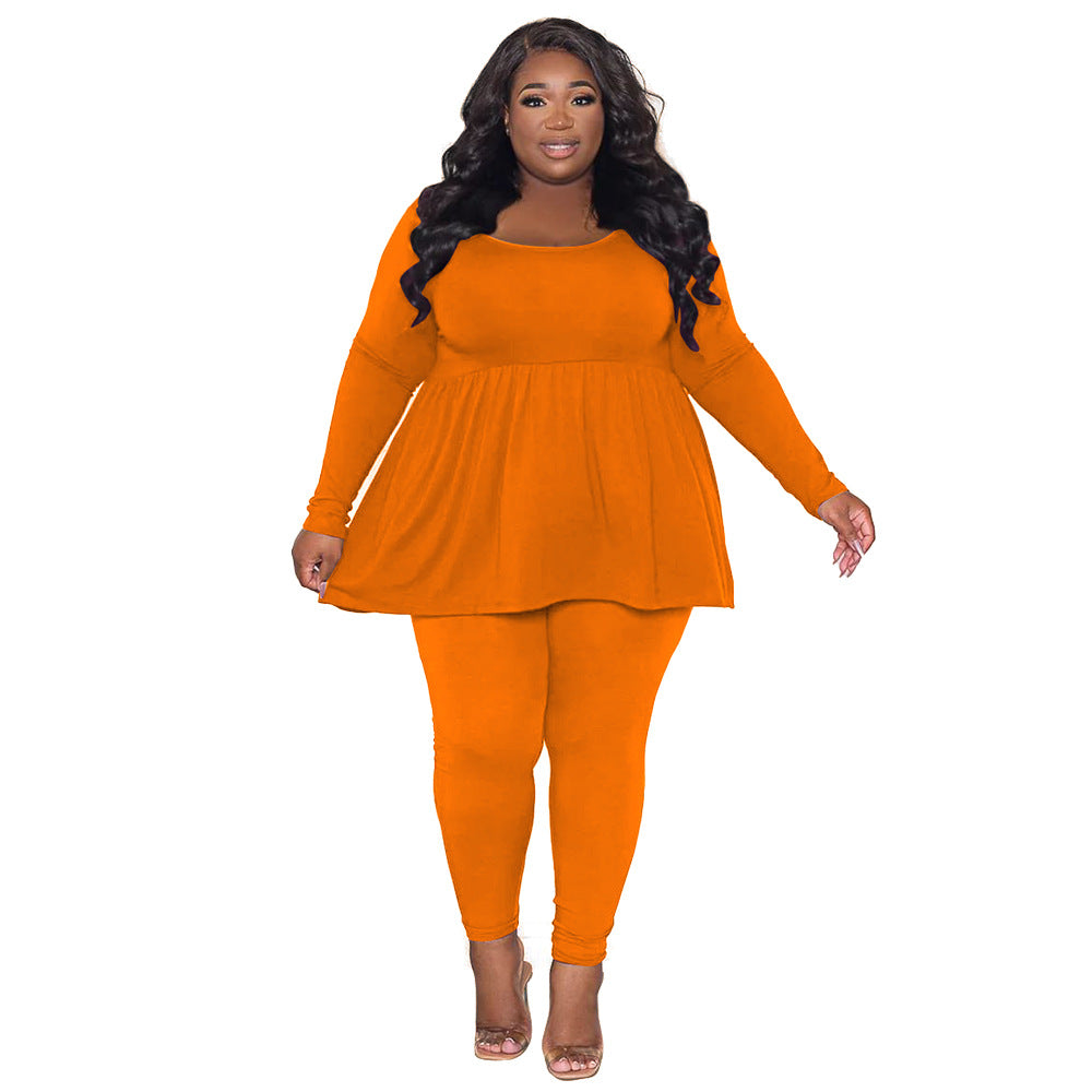 BamBam Women's Plus Size Solid Color Long Sleeve Two Piece Pants Set For Women - BamBam