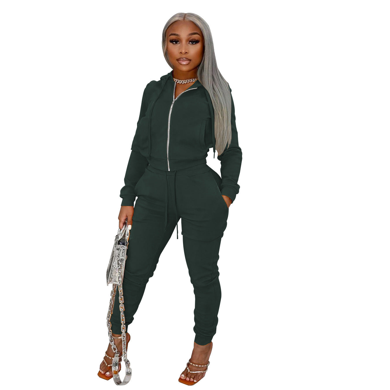 BamBam Women's Hooded Long Sleeve Sports Two-Piece Pants Set Women's Solid Color Casual Tracksuit - BamBam