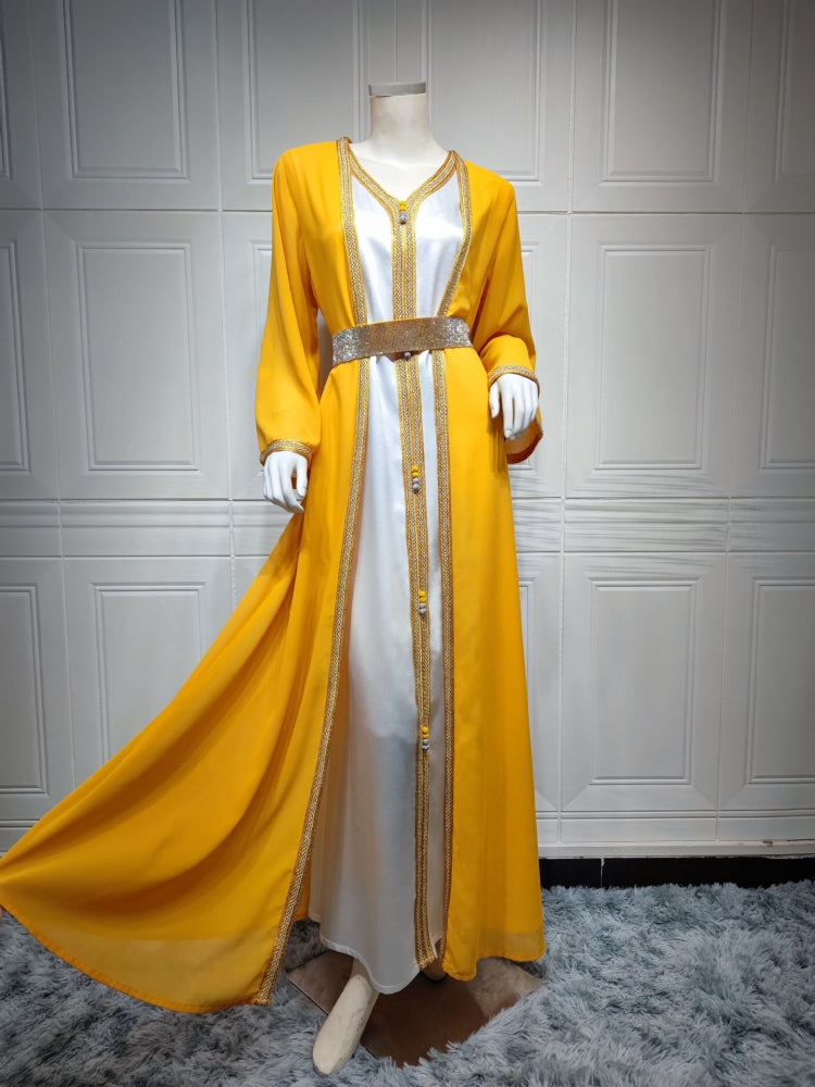 BamBam Women Spring Yellow Tape Belted Islamic Clothing Kaftan Abaya Muslim Dress two piece set - BamBam