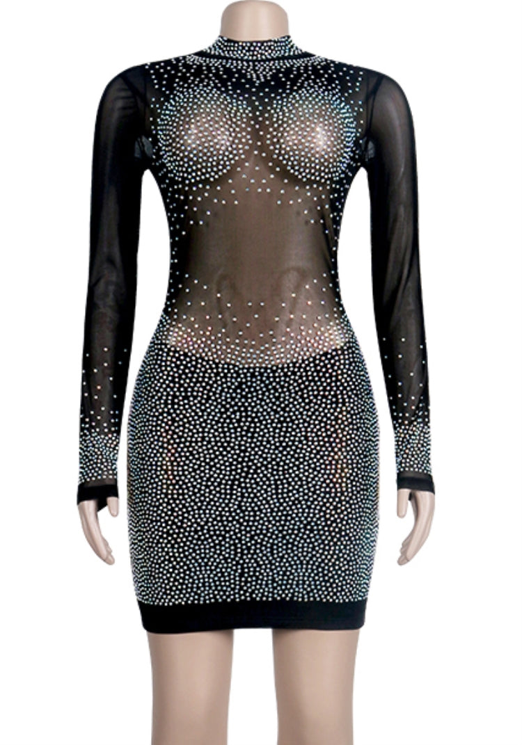 BamBam Fall Sexy Beaded Long Sleeve See Through Mini Club Dress - BamBam Clothing Clothing